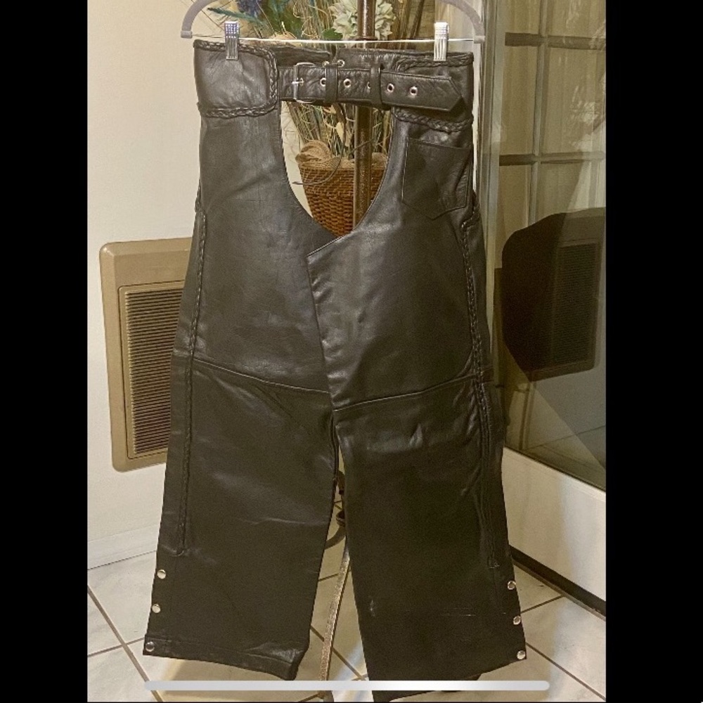 Biker Black Leather Chaps - Size Small